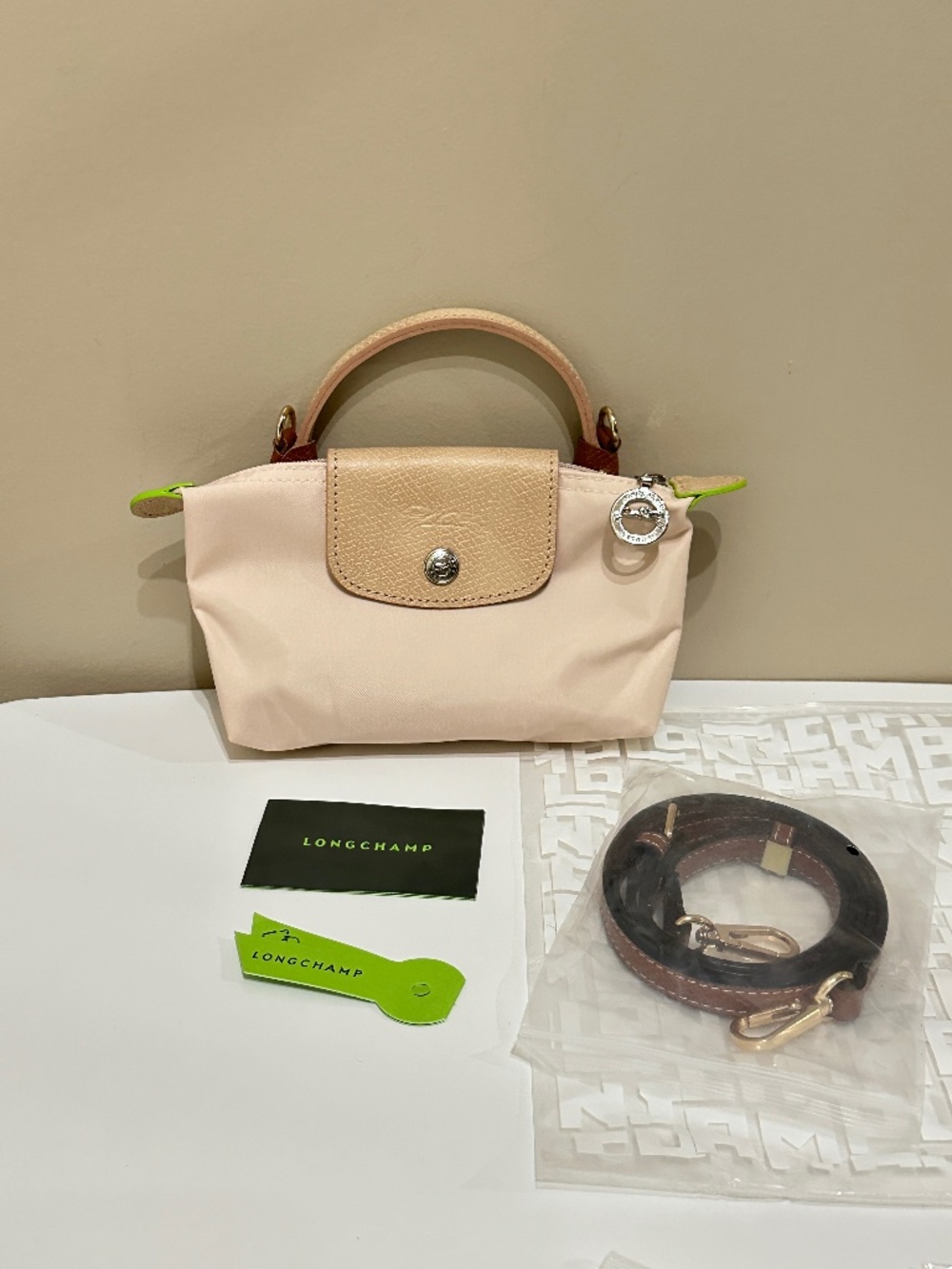 NWT Longchamp le pliage Peach Pale Pink Mini Micro Crossbody Hand Bag